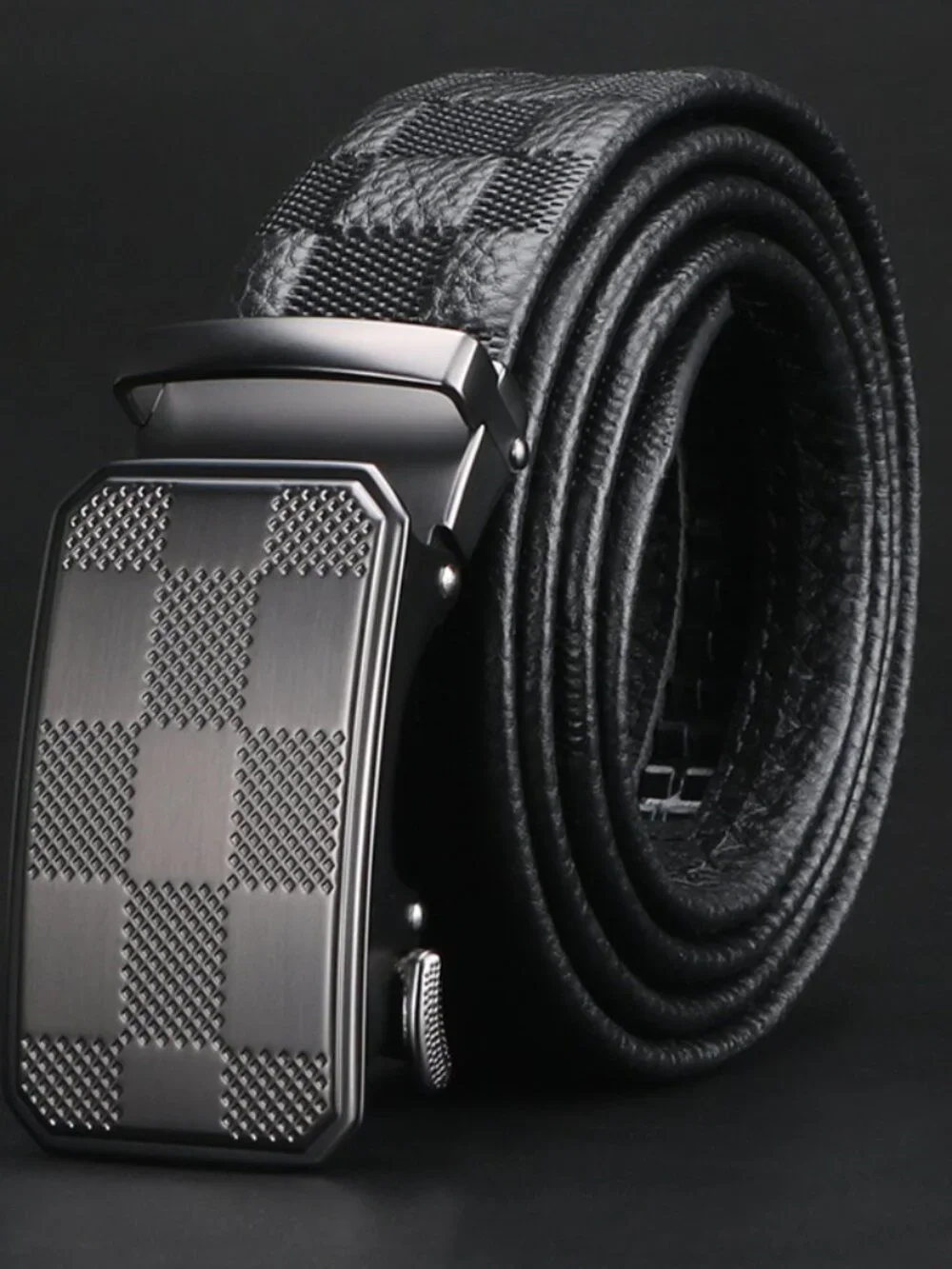 Men's Black Leather Automatic Ratchet Belt - Checkerboard Pattern - 115cm - Picture 2 of 2